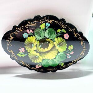 Russian Lacquer Brooch Hand Painted Vintage Fairy Tale Floral Multiple Colors